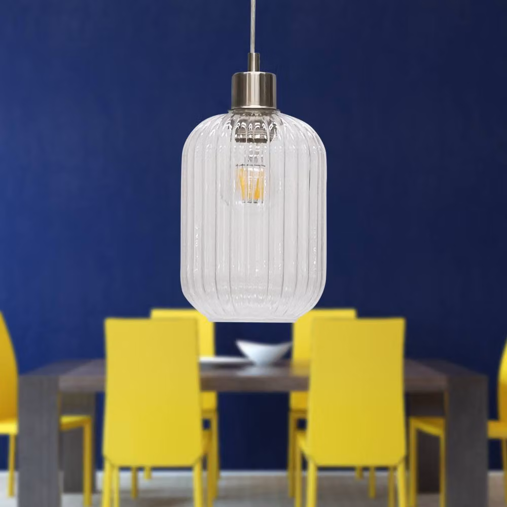 First Choice Lighting Batley Set of 2 Pendant Lights with Transparent Ribbed Glass and Silver Metal Fittings – 2