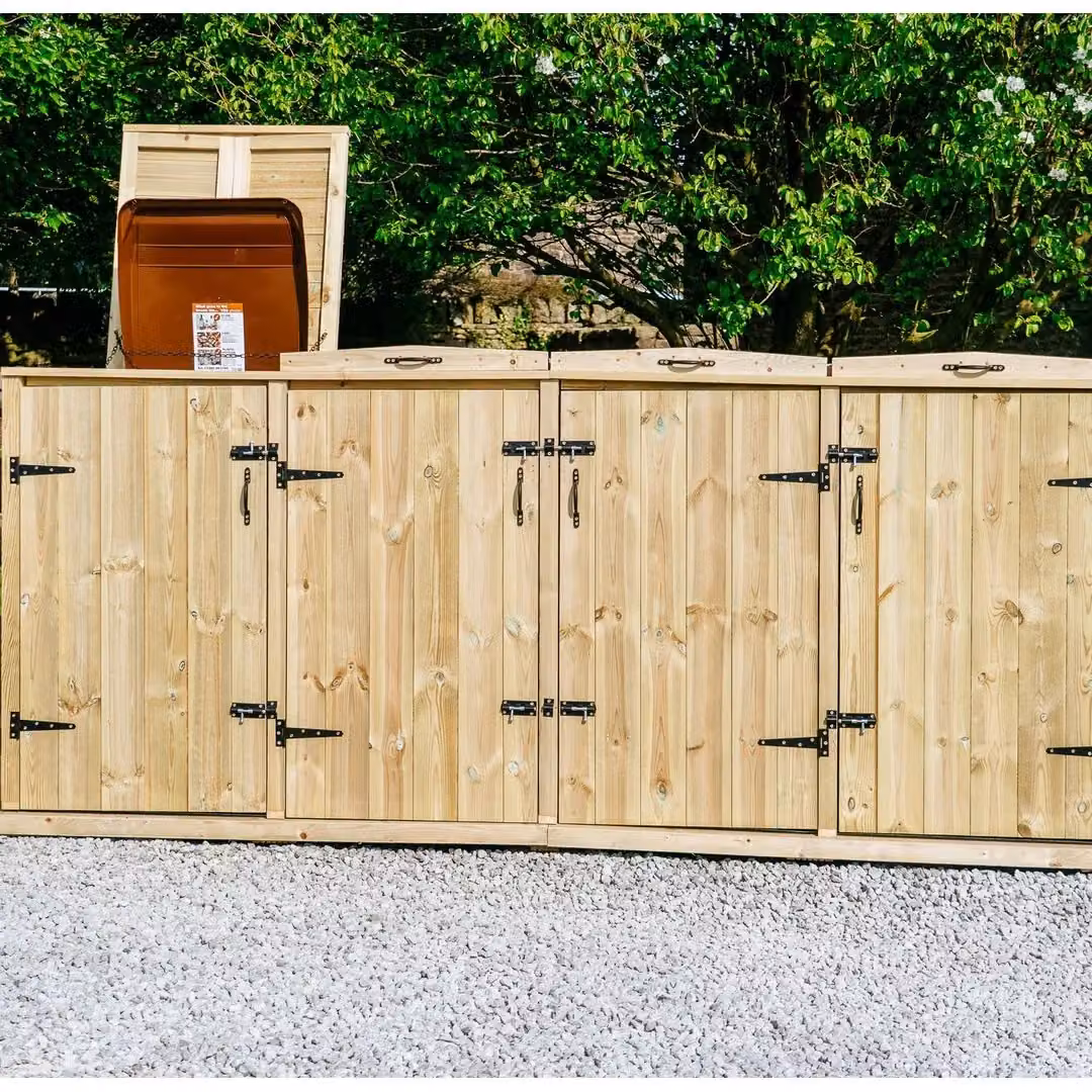 Buttercup Farm Chatburn Brown Wooden Bin Store for 2x 180L/240L Wheelie Bins and 4x Boxes, W/D/H: 261.5 x 121.0 x 120.0 cm – 4