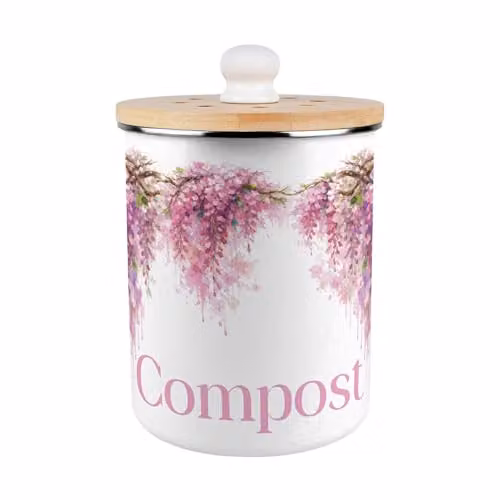Purely Home Pink Wisteria Compost Caddy - Metal and Enamel Kitchen Food Waste Bin with Removable Inner Bucket and Odour Filter, 2L