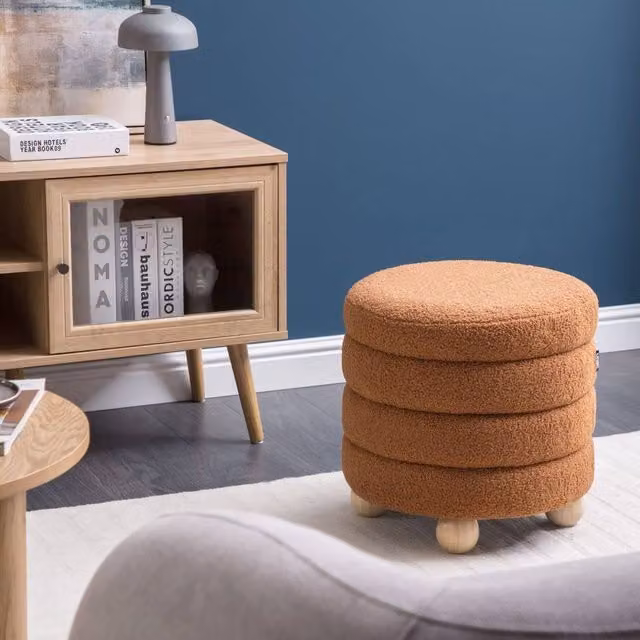 Wyld and Coco Brown Bouclé Cylindrical Pouffe with Pine Wood Legs – 1