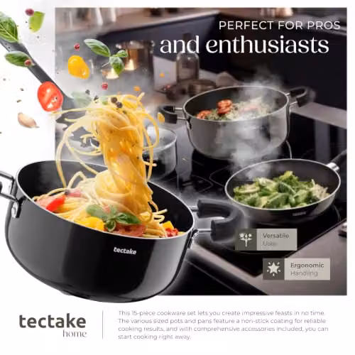 tectake 15-Piece Aluminium Cooking Pot and Pan Set with Non-Stick Coating and Glass Lids in Black – 6