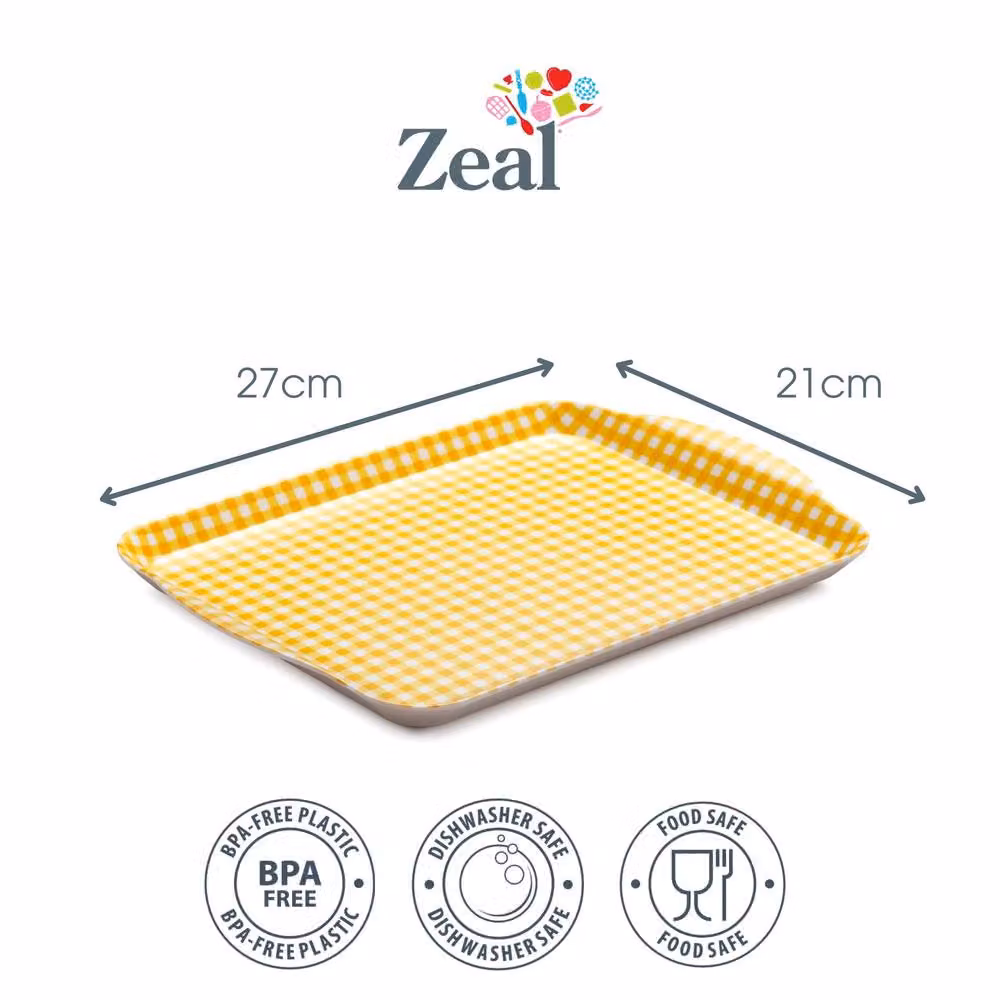 Zeal Melamine Rectangular Gingham Serving Tray with Handles, Yellow, W: 27 cm, D: 21 cm – 1