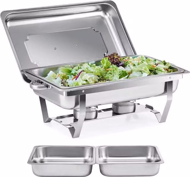 MantraRaj 9 Litre Silver Stainless Steel Chafing Dish with 2 Half Size Food Pans for Catering Professionals