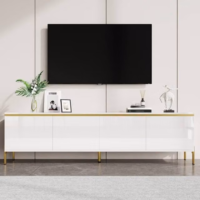 STILVORA White and Gold Glossy Minimalist TV Stand with 4 Doors and Media Compartments – 1