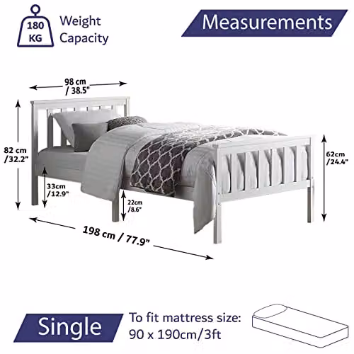Home Treats Single Bed in White Solid Pine Wood with Fitted Slats, W/D/H: 90 x 190 cm – 2