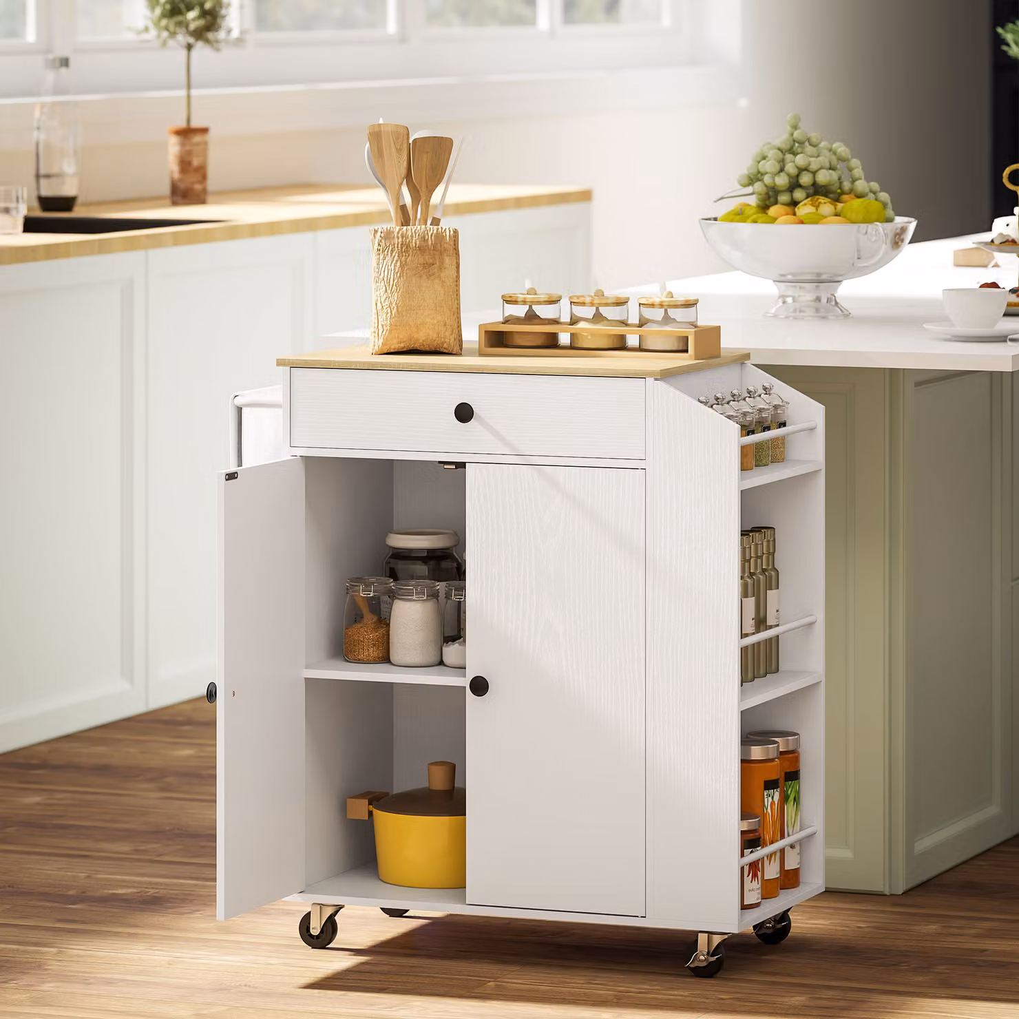 HOMCOM Rolling Kitchen Island with 3-Tier Spice Rack and Drawer in White – 2