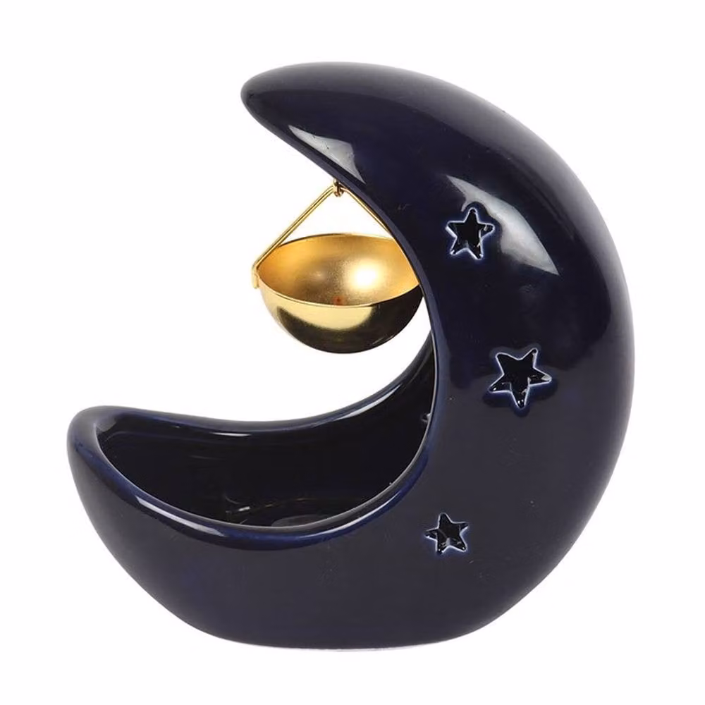 Uniqueful Blue and Gold Crescent Moon Hanging Ceramic and Metal Tealight Oil Burner – 4