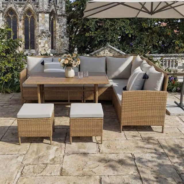 Home Garden Direct Thalia 8 Seater Rattan Corner Dining Set with Plywood Table in Brown – 1