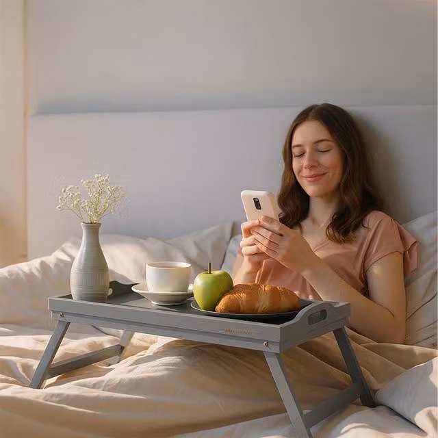 MantraRaj Bamboo Bed Tray Table with Foldable Legs in Grey