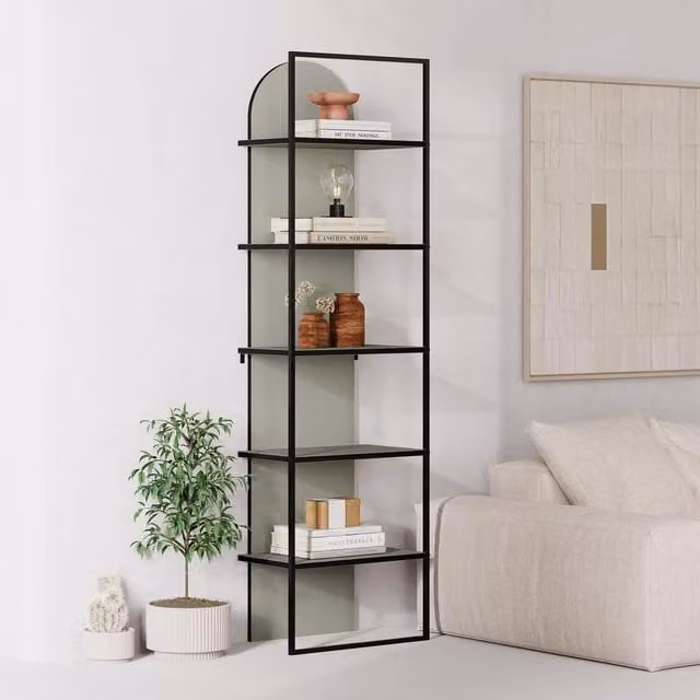 FWStyle Ash Green Archy 5 Tier Modern Arched Bookcase with Black Metal Frame, H180 x W53 x D31.7 cm – 1