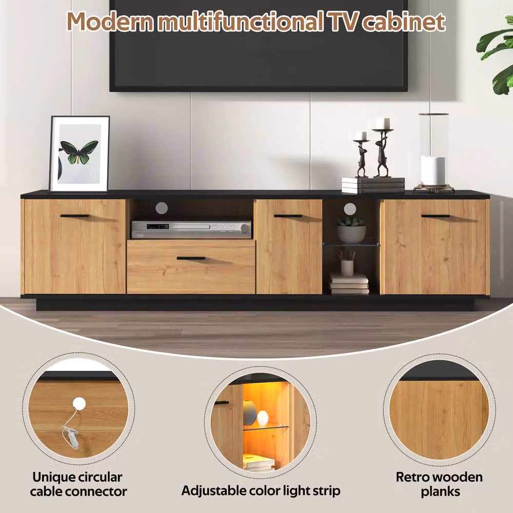 Rolipo Modern Black and Wood TV Stand with Integrated LED Lights, W: 180 cm, D: 45 cm, H: 37 cm – 6