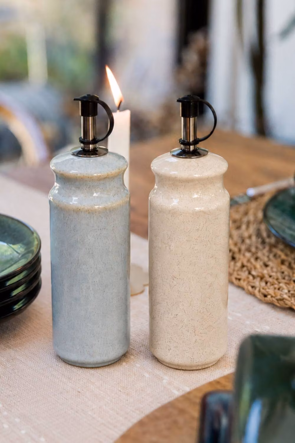 Upper Street Set of 2 Cream and Blue Reactive Glaze Ceramic Oil and Vinegar Bottles with Stainless Steel Pourers, 375ml – 2