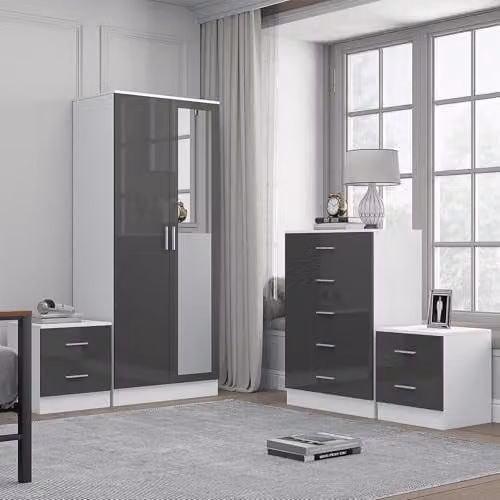 Reflect Modern Bedroom Furniture Set in Grey Gloss and Matt White Finish featuring 2 Door Mirror Wardrobe, 5 Drawer Tallboy Chest and 2 Bedside Tables – 1