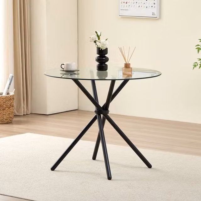 Madefor.living New York Round Glass Dining Table with Black Metal X-Frame Legs