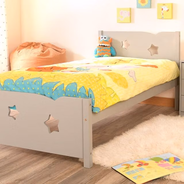 Comfy Living Single 3ft Childrens Wooden Star Bed Frame with Bedside Table in Grey, W/D/H: 90 x 190 cm