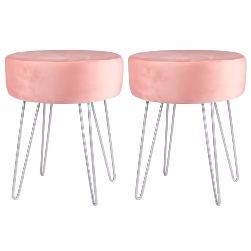 Harbour Housewares Pink Velvet Round Footstools with Silver Legs, Pack of 2, H41 x D45 cm