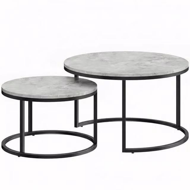 HOMCOM Set of Two Grey Marble-Effect Round Stacking Tables with Glossy MDF Tops and Metal Sled Bases – 1