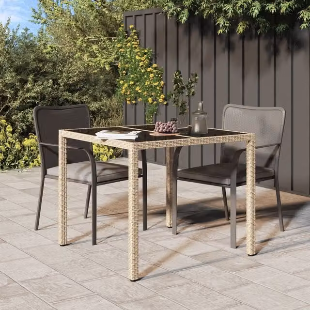 Berkfield Home Garden Dining Table in Beige Poly Rattan with Glass Top, W/D/H: 90 x 90 x 75 cm