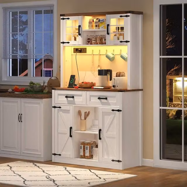 Merax White LED Kitchen Tall Pantry Cabinet with Glass Doors and Integrated Lighting