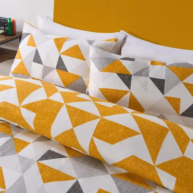 OHS Geo Shapes Reversible Duvet Cover and Pillowcase Set in Yellow, W: 140 cm, H: 200 cm