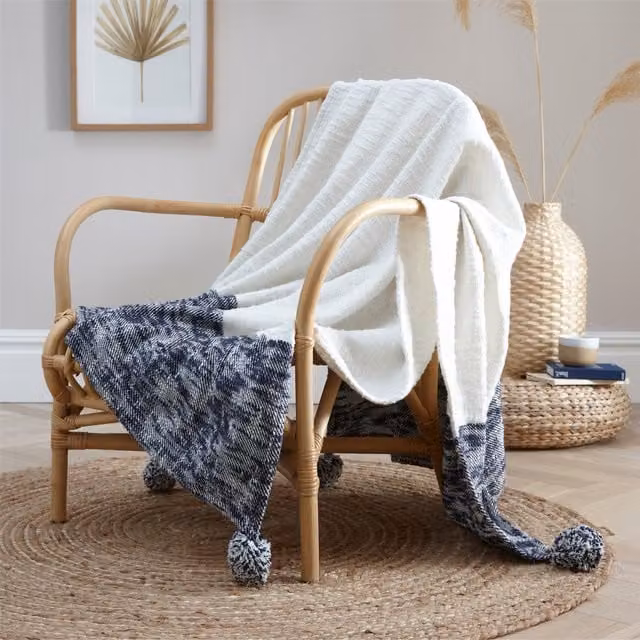 Portfolio Home Dahlias Boho Throw with Fringes in Navy Blue and Multicolour