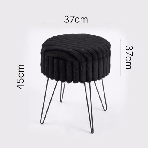 OHS Black Faux Fur Ribbed Round Ottoman Stool with Metal Hairpin Legs – 2