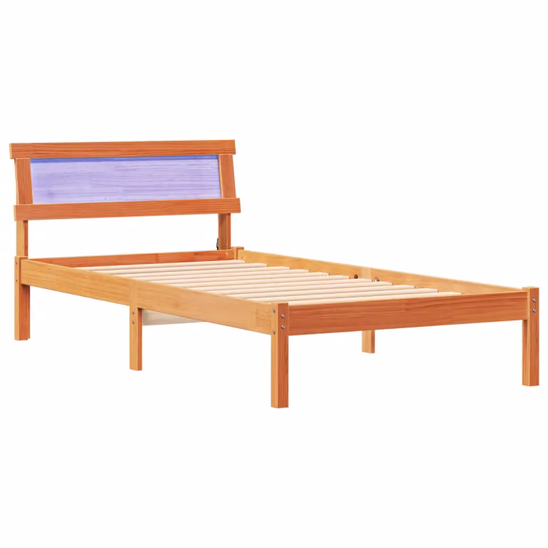 Berkfield Home Wax Brown Pine Wood Bed with LED Strip Lights and Headboard W: 75 cm, L: 190 cm