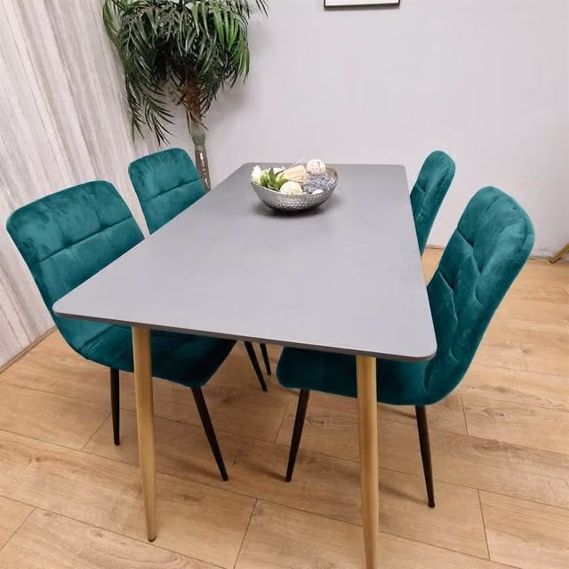 KOSY KOALA Modern Grey Wooden Dining Set with 4 Green Velvet Chairs, W/D/H: 140 x 70 x 75 cm – 1