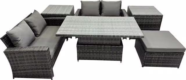 Fimous 5-Seat Outdoor Rattan Sofa Set with Lifting Dining/Coffee Table in Dark Grey Mixed