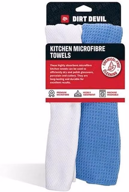 Dirt Devil Pack of 2 Kitchen Microfibre Towels, Blue and White, 30 x 30 cm