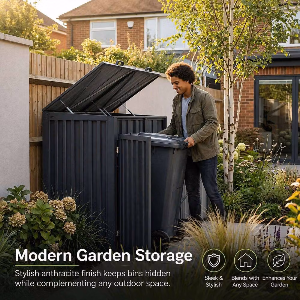 Nicoman Outdoor Metal Double Wheelie Bin Storage Shed in Anthracite Grey – 5