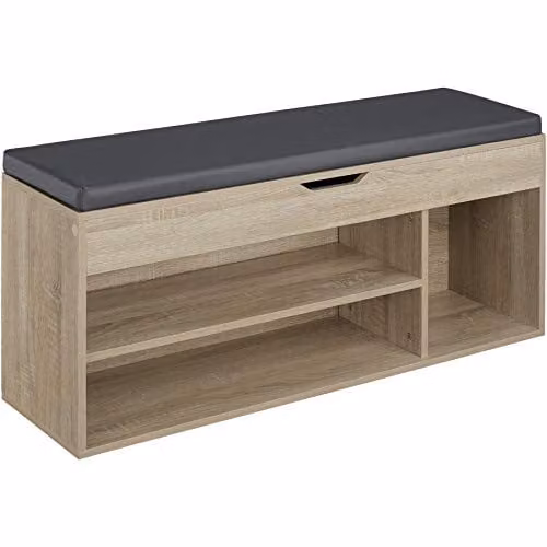 tectake Shoe Rack with Upholstered Synthetic Leather Seat in Grey and Brown, W/D/H: 120 x 30 x 49 cm