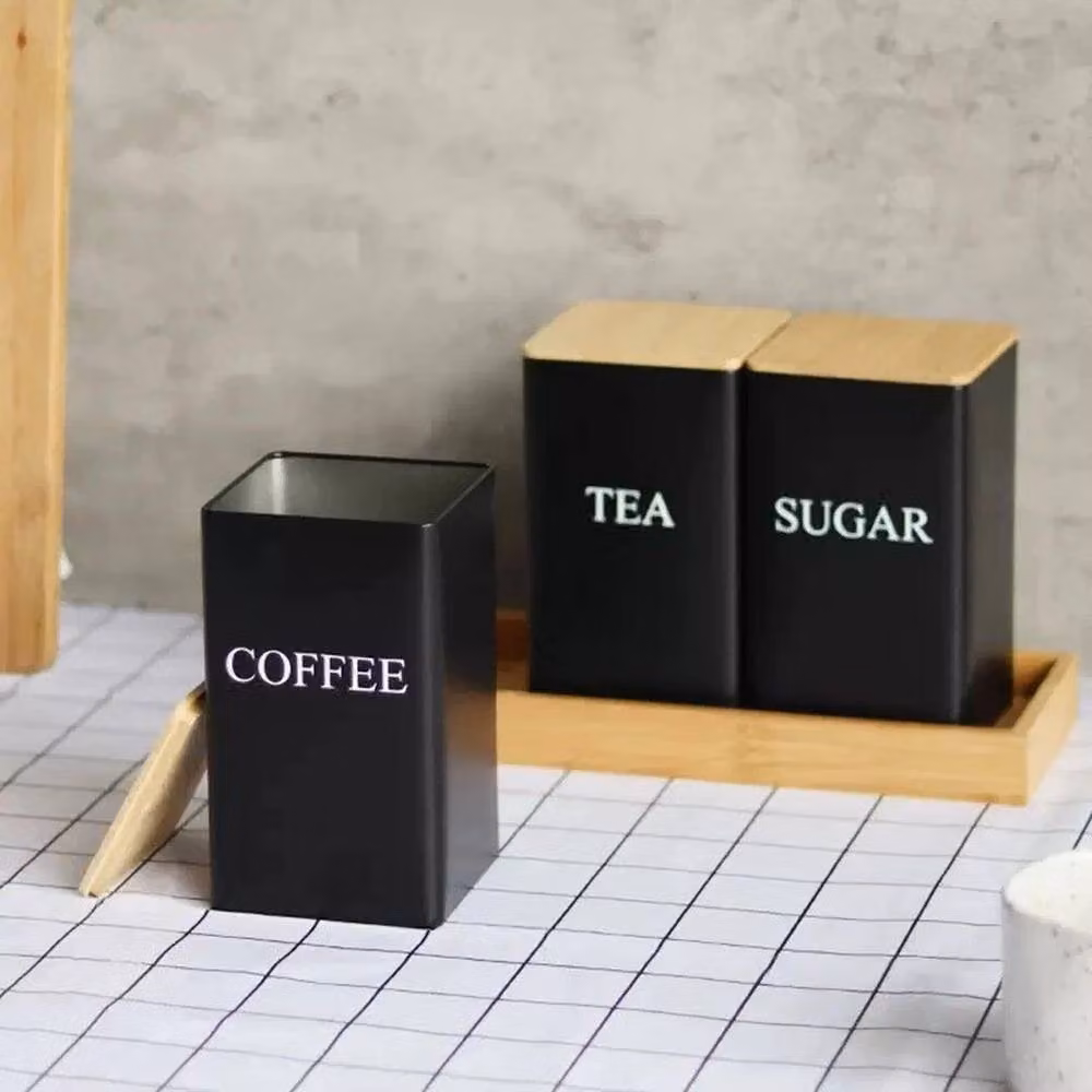 SPETLEK 3 Piece Metal and Bamboo Coffee, Tea and Sugar Storage Set in Black – 3