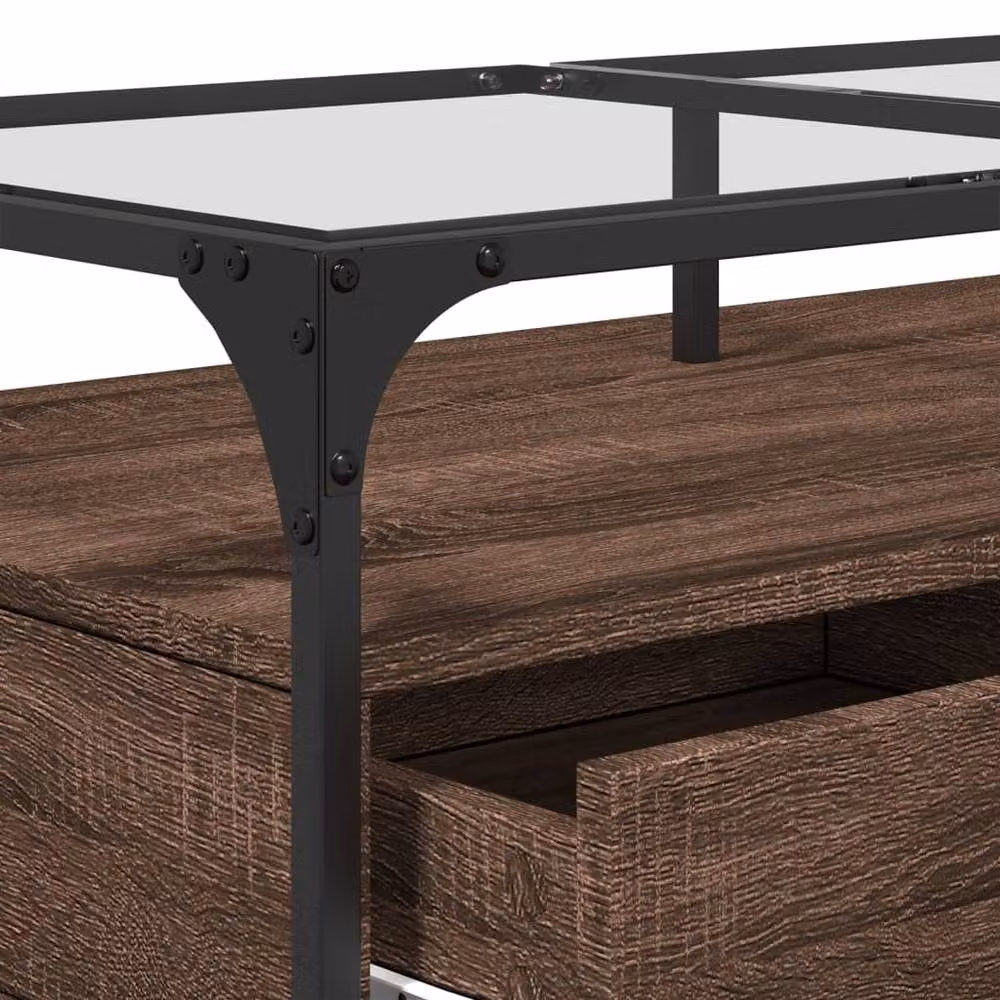 Berkfield Home Industrial Coffee Table with Glass Top and Brown Oak Finish, W/D/H: 98.5 x 50 x 45 cm – 4