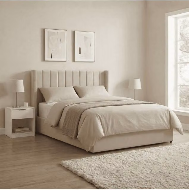 Home Source Ottoman Storage Bed in Cream Boucle Fabric, W/D/H: 180 x 200 cm – 1