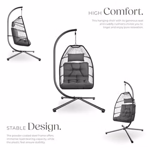 tectake Grey Rattan Egg Chair with Powder Coated Steel Stand and Cushions – 3