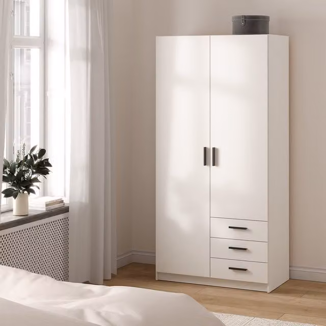 Furniture To Go Sprint Wardrobe with 2 Hinged Doors and 3 Integrated Drawers in Matt White