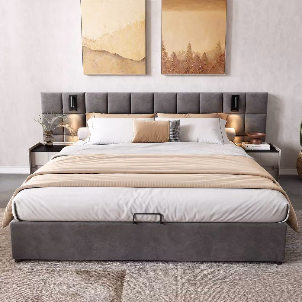 BTM Grey Velvet Double Bed with Hydraulic Storage, USB Charging Port and Integrated Reading Light – 3