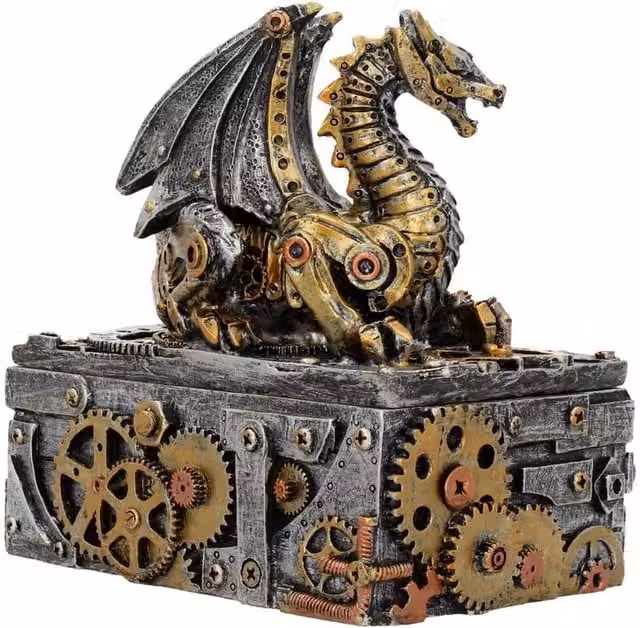 Nemesis Now Secrets of the Machine Steampunk Dragon Box in Grey and Gold Resin, Height: 18.5 cm