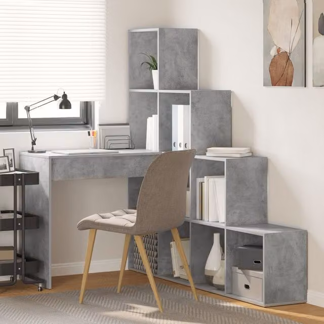 Berkfield Home Modern Corner Desk with Storage Shelf in Concrete Grey, W/D/H: 149.5 x 101.5 x 101.5 cm