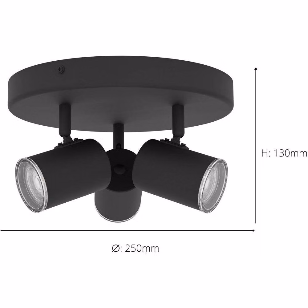 Loops Modern Triple Round Black Ceiling Spotlight with GU10 IP44 Bathroom Lighting – 3