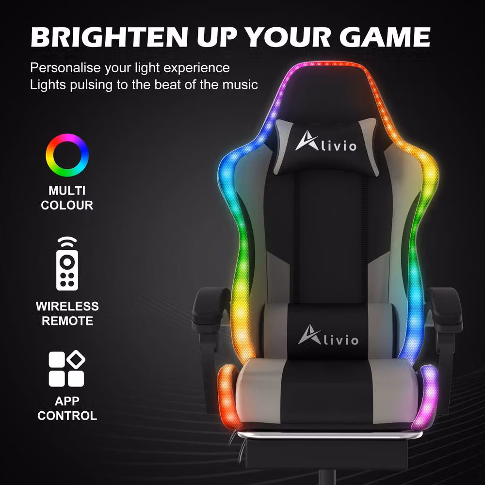 Alivio Wireless RGB LED Gaming Chair with App Control and Massage Lumbar Cushion in Grey – 7