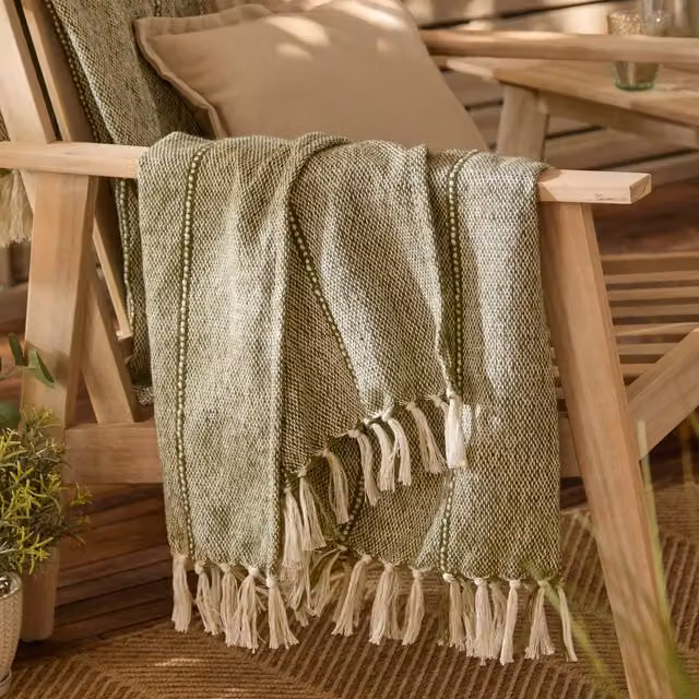 Yard Hedon Woven Striped Outdoor Throw with Fringes, Moss Green, W: 130 cm, L: 180 cm