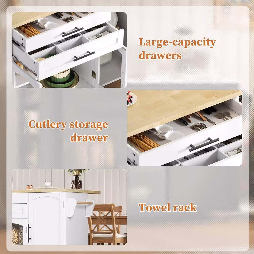 Merax White Mobile Kitchen Island Storage Cabinet with Glass Doors and Foldable Worktop – 5