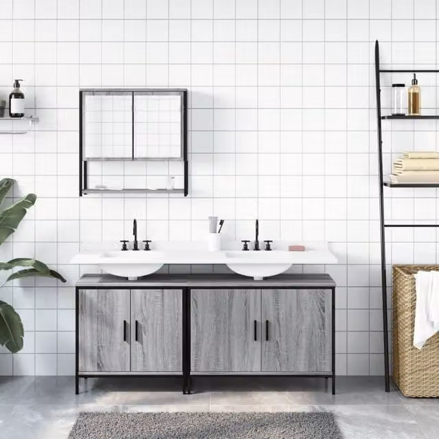 Berkfield Home 3 Piece Grey Bathroom Furniture Set with Vanity Unit and Mirror Cabinet