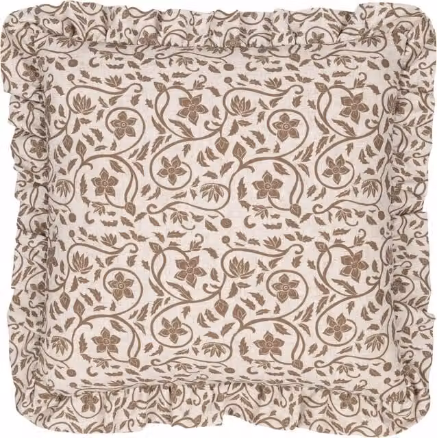 Make It A Home Floral Linen Filigree Printed Ruffle Square Cushion in Green and Beige