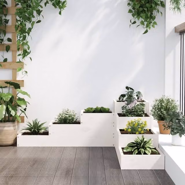 Berkfield Home Beautiful Garden Planter 4-Tier White Solid Wood Pine W: 104.5 cm, H: 106 cm, D: 36 cm