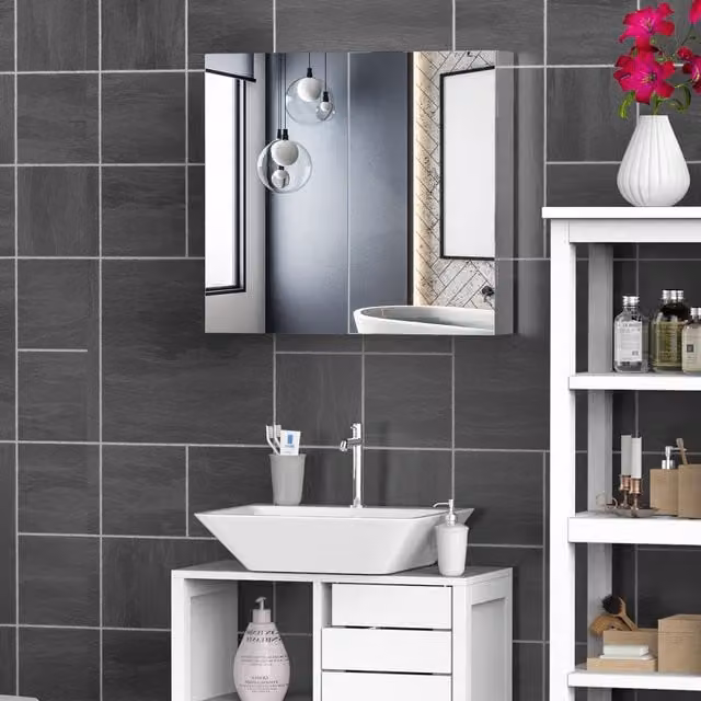 HOMCOM Modern Silver Wall Mounted Bathroom Mirror Cabinet with Glass Doors and Internal Shelves