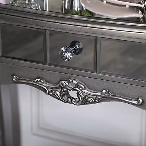 Melody Maison Tiffany Range Ornate Mirrored 3 Drawer Dressing Table, Stool and Mirror Bedroom Furniture Set in Metallic Silver – 5
