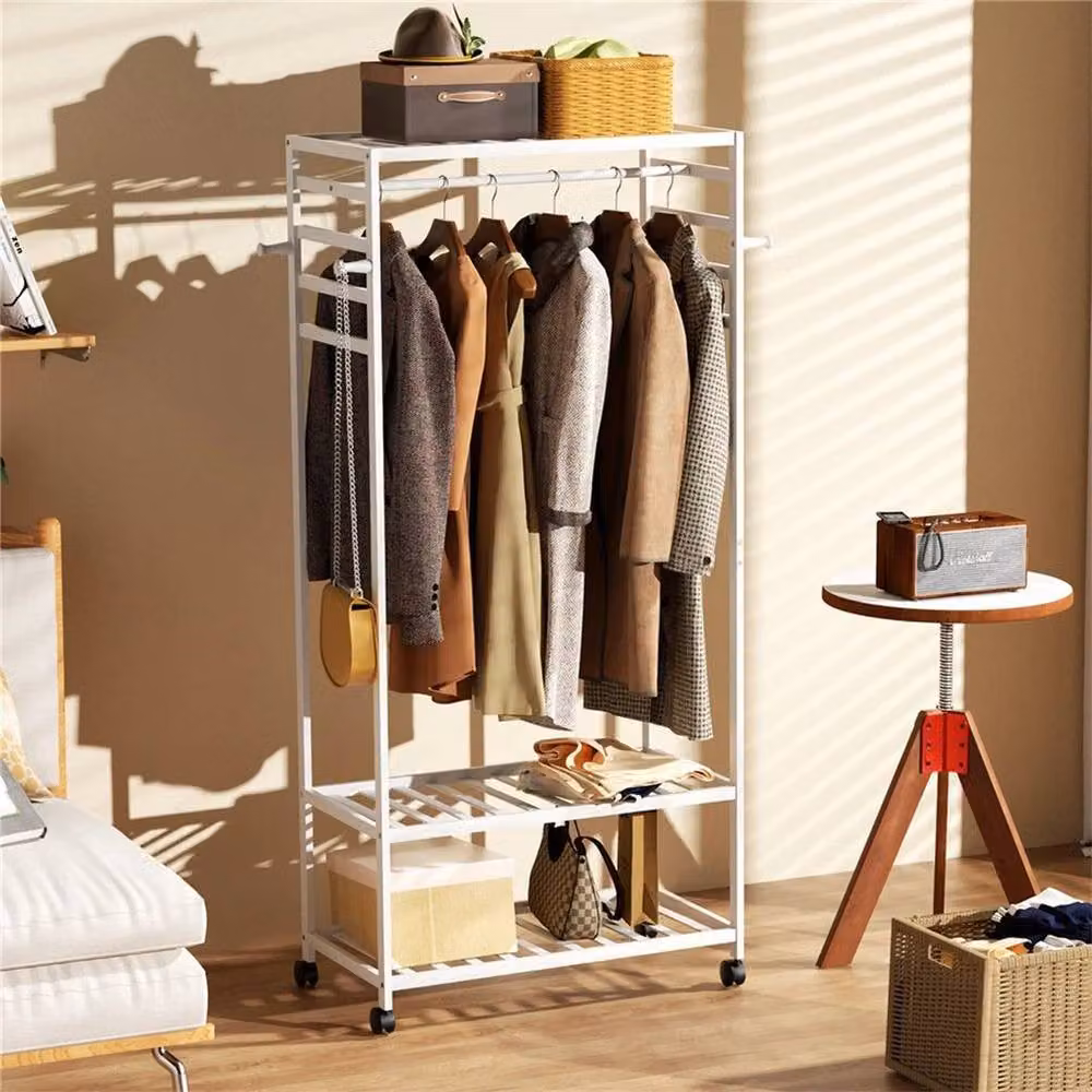 Kelvenix Minimalist Bamboo Rolling Clothes Stand and Hanging Garment Rail in White – 5